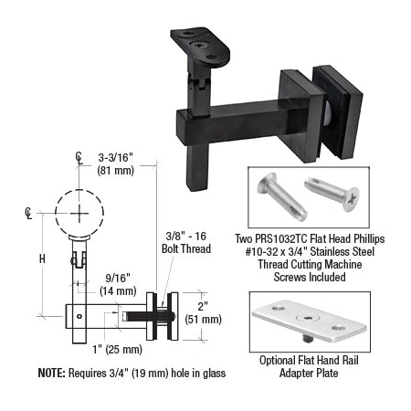 Cr Laurence Matte Black Huntington Series Glass Mounted Hand Rail Bracket HR7EGMBL